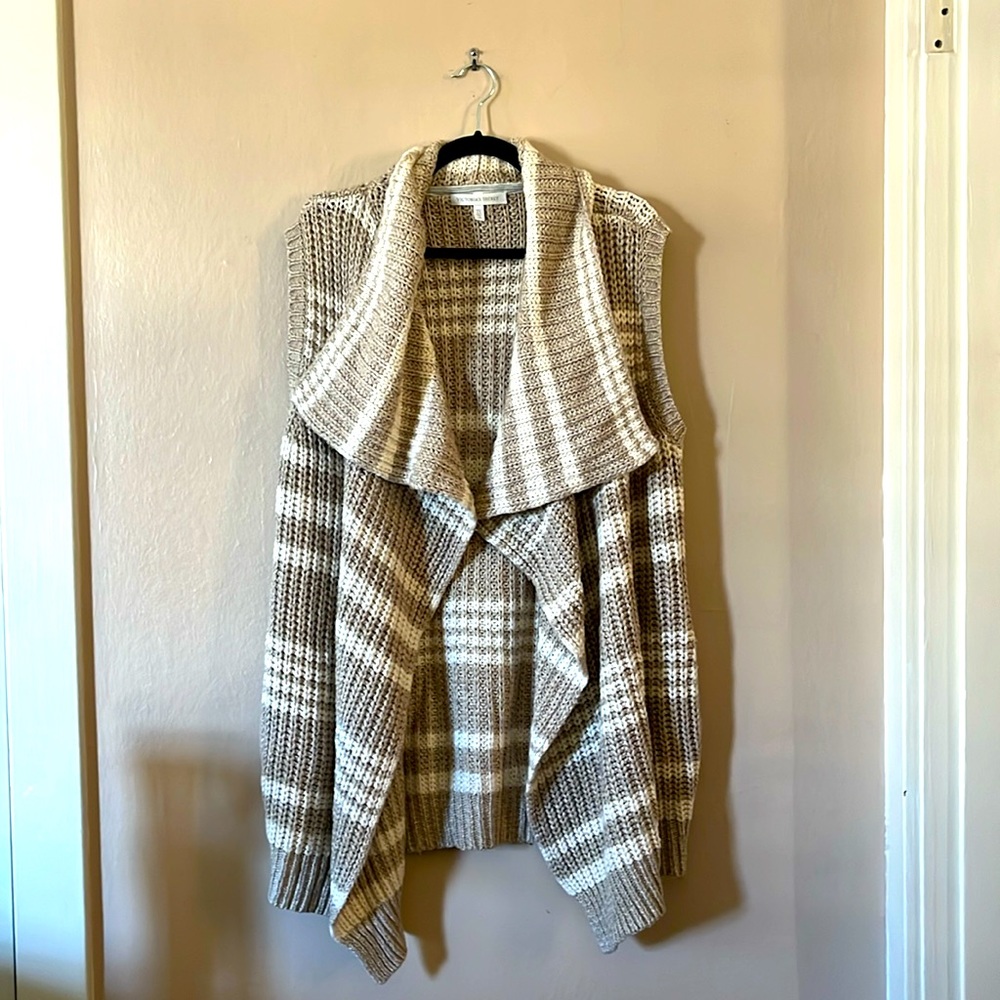 Victoria’s Secret Sweater Knit Striped Beige Open Flyaway Cardigan Vest Pocket L